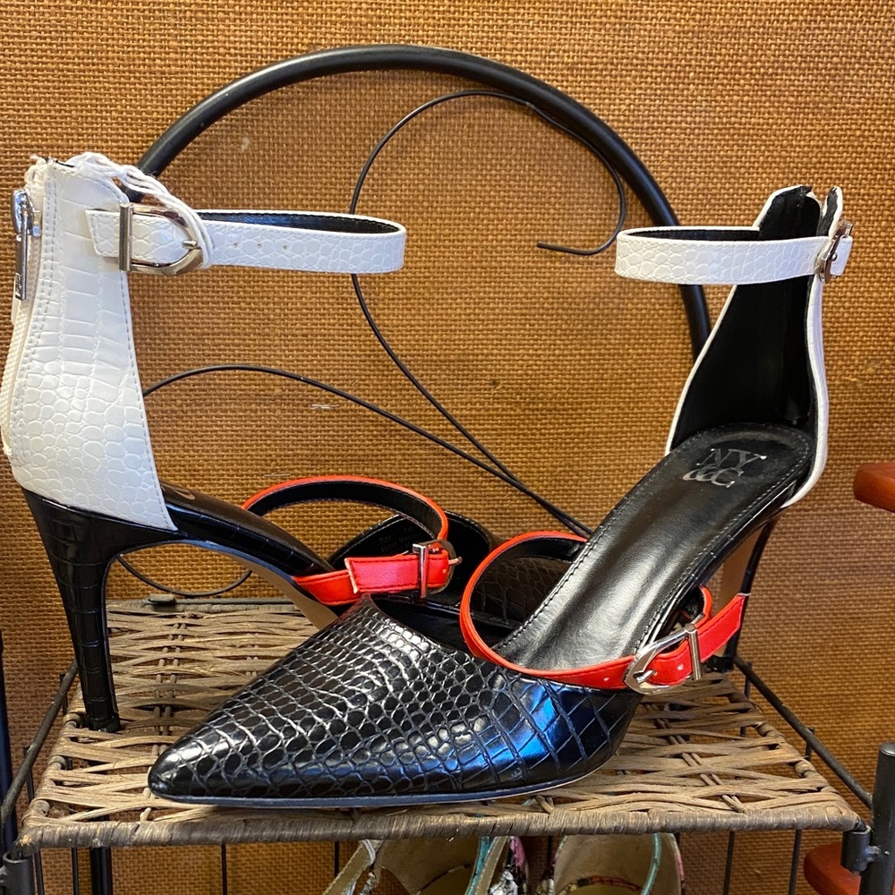 New York & Company Black, White & Red Pointed Ankle-Strap Heels